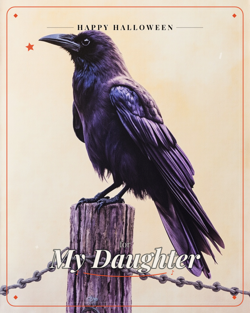 A large black crow perches in profile on a weathered wooden post, its glossy feathers catching hints of purple and blue against a warm cream backdrop, a halloween e-card design