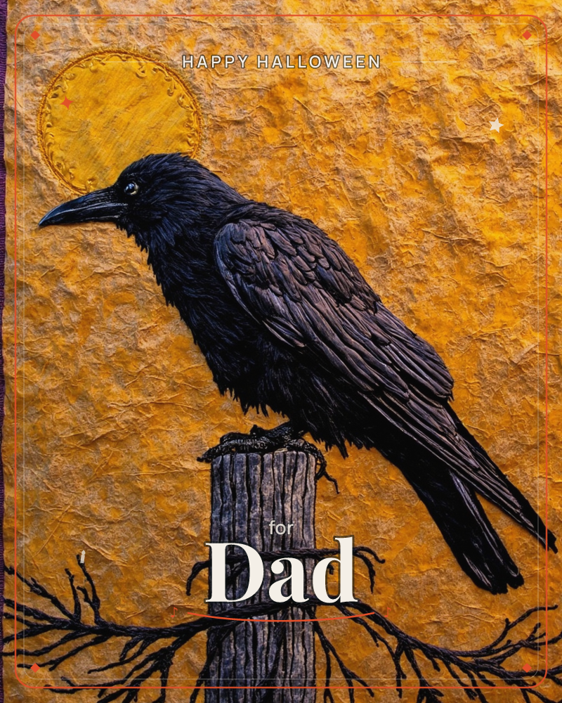 A raven with glossy black feathers perches on a weathered wooden post, silhouetted against a textured golden-orange background with a pale circular…, a halloween e-card design