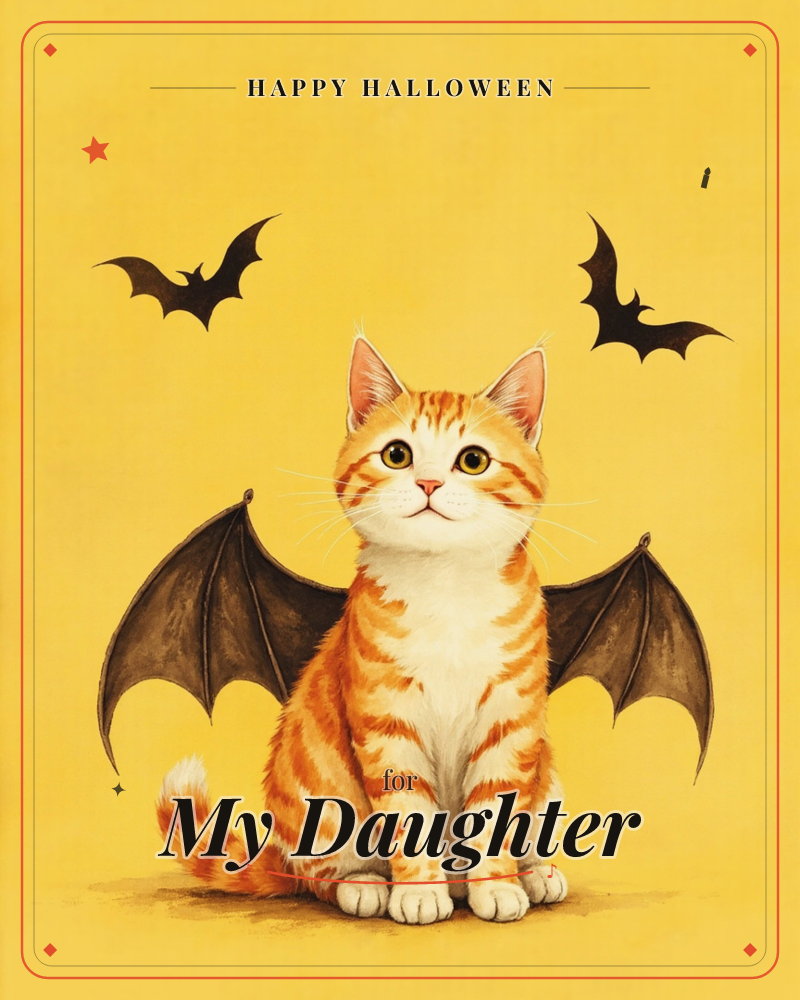 An orange tabby cat sits primly against a warm mustard-yellow background, fitted with a pair of leathery bat wings sprouting from its shoulders, a halloween e-card design
