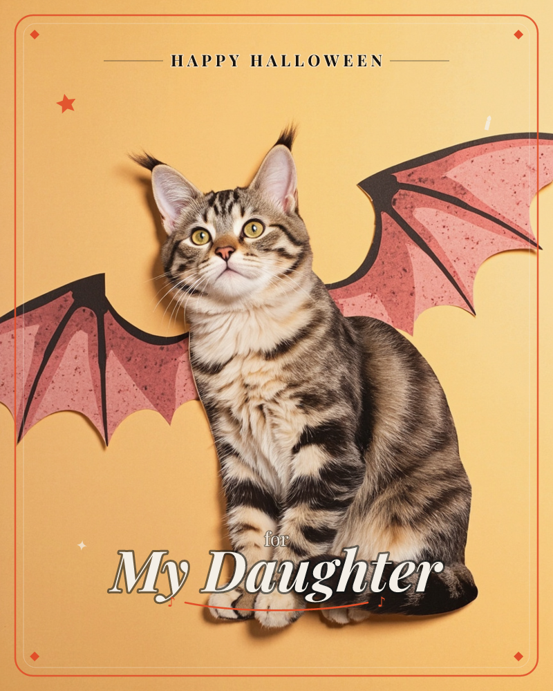 A tabby cat sits against a warm marigold background wearing a pair of paper bat wings in dusty pink and black, its ears tufted and eyes wide as it…, a halloween e-card design