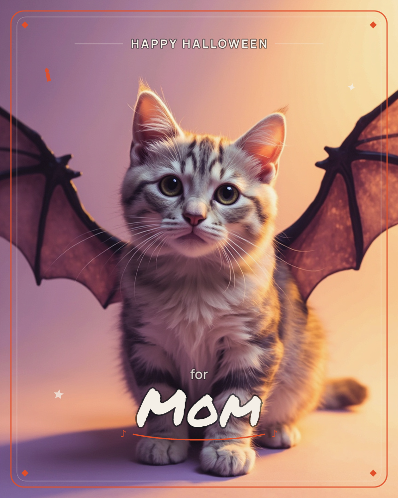 A grey tabby kitten sits front and centre wearing a pair of textured bat wings, its wide eyes fixed straight ahead, a halloween e-card design