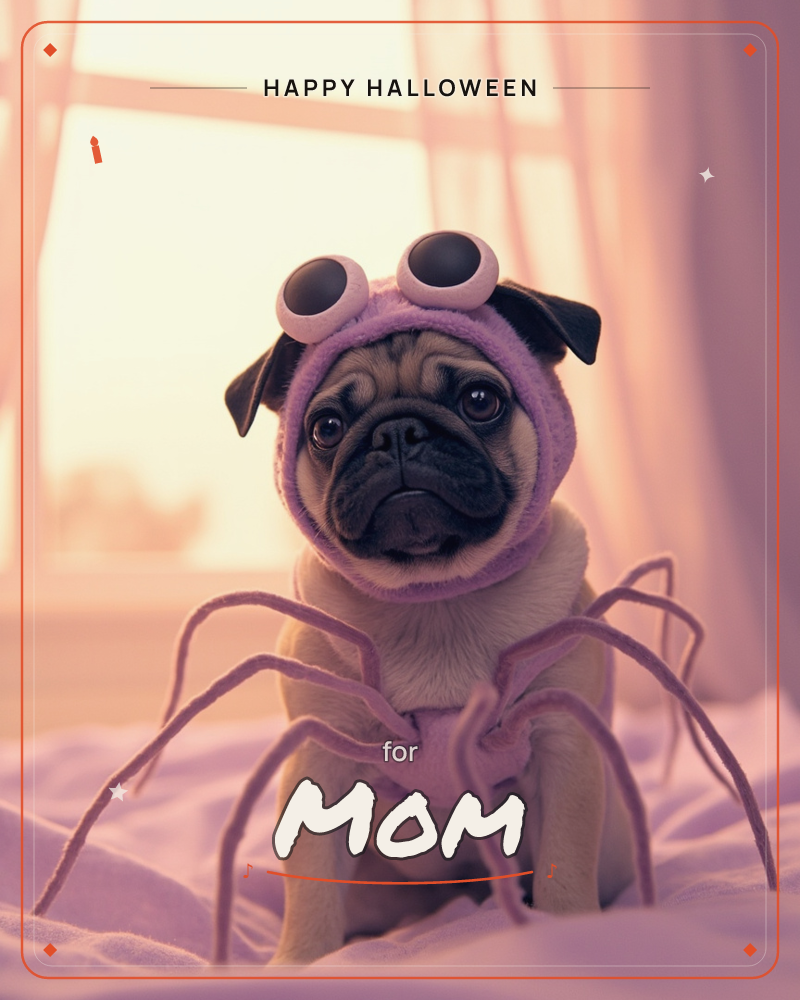 A pug sits on a rumpled bed wearing a fuzzy lavender spider costume, complete with googly eyes on top and soft fabric legs draped around it, a halloween e-card design