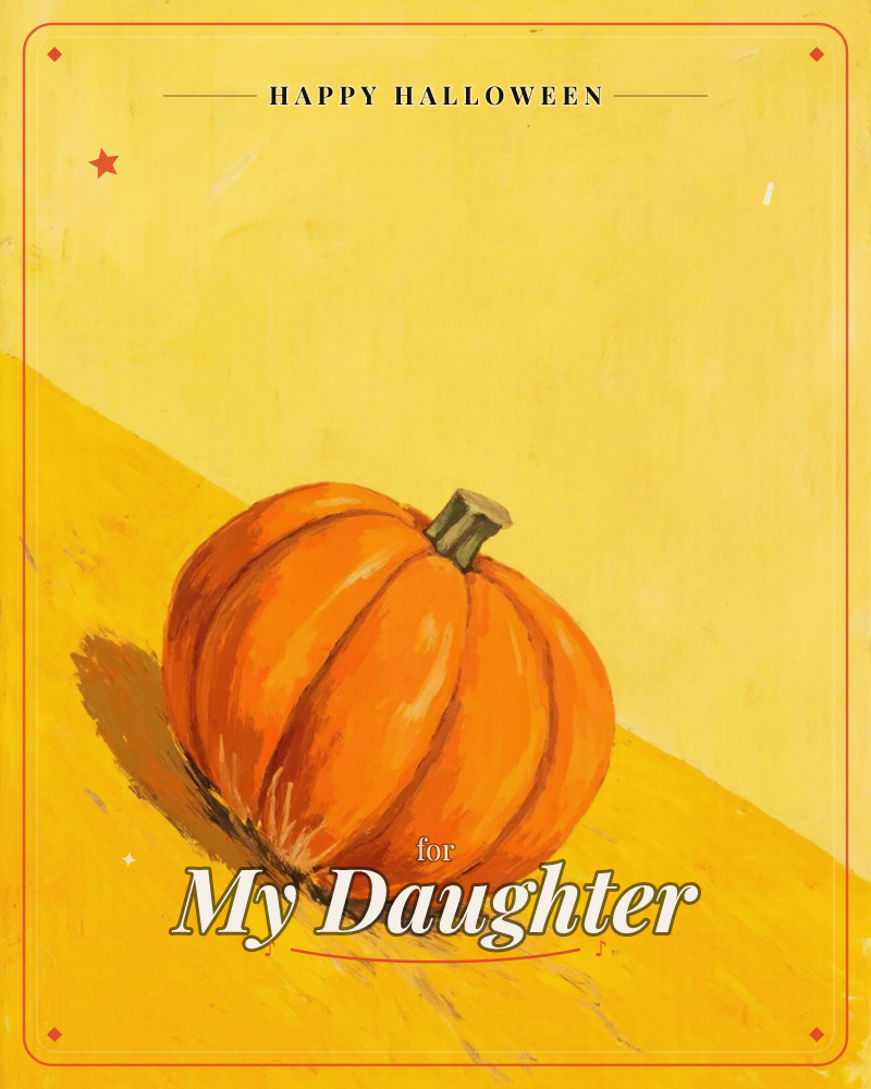 A single ribbed pumpkin sits on a diagonal band of golden yellow, its stem a stubby olive-green nub catching the light, a halloween e-card design
