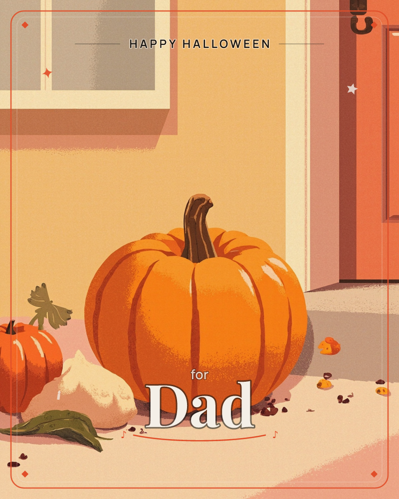 A plump orange pumpkin sits on a front doorstep beside a pale gourd and a small orange pumpkin, with scattered leaves and candy corn on the ground, a halloween e-card design