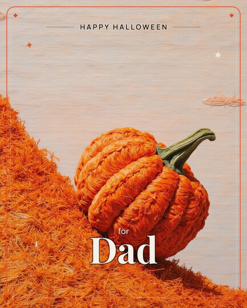 A single ridged pumpkin with a curling green stem sits atop a textured mound of shaggy orange fibres, rendered to look like embroidered thread or yarn…, a halloween e-card design