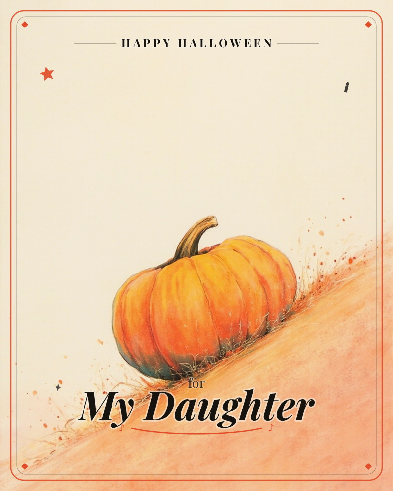 A single ribbed pumpkin with a curled brown stem rests on a sloping orange hillside, wisps of dry grass and scattered flecks of color tracing the slant…, a halloween e-card design