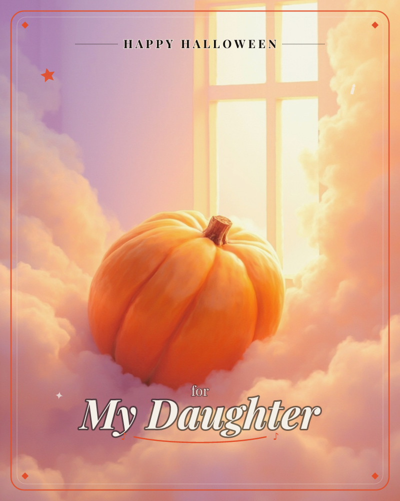 A single round pumpkin rests amid billowing, dreamlike clouds inside a softly lit room, with a paned window glowing warmly behind it, a halloween e-card design