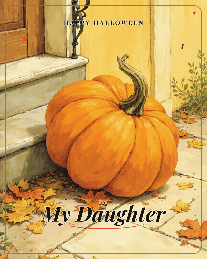 A large, ribbed orange pumpkin with a curling green-brown stem sits on a stone doorstep beside a yellow house wall, scattered autumn leaves around its…, a halloween e-card design