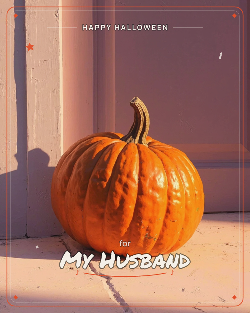 A single glossy pumpkin sits on a worn stone step against a pale pink painted door frame, its curling stem catching the late sun, a halloween e-card design
