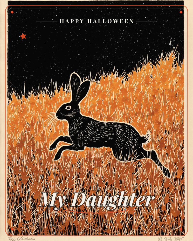A black hare bounds mid-leap across a field of rust-orange grass under a star-scattered night sky, a halloween e-card design