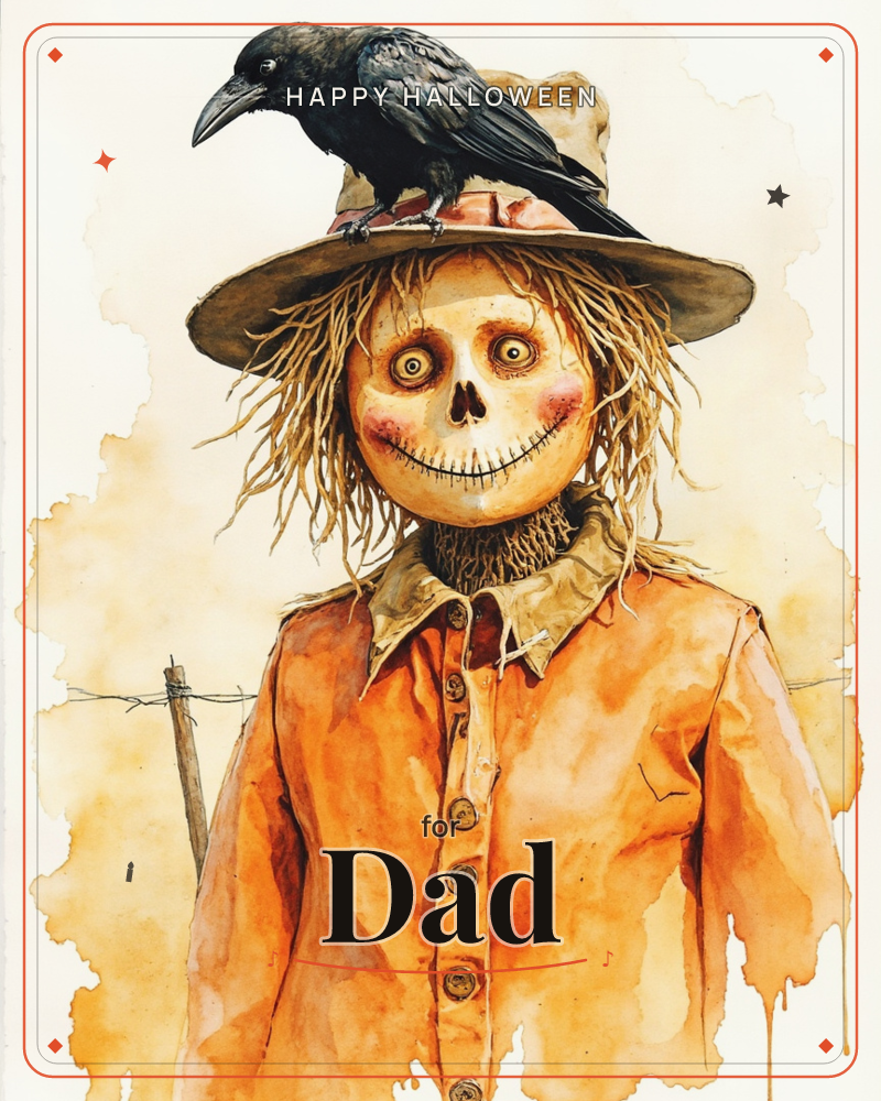 A grinning skull-faced scarecrow in a battered brown hat and orange work shirt stands against a washed sepia sky, straw poking from its collar and sleeves, a halloween e-card design
