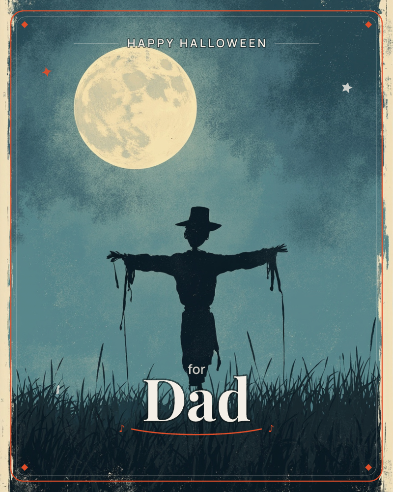 A lone scarecrow stands silhouetted in a windswept field, arms outstretched beneath a huge, glowing full moon, a halloween e-card design