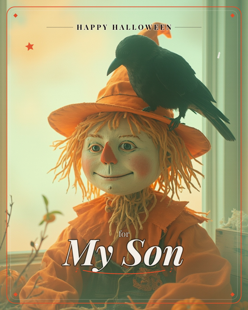 A cheerful scarecrow doll with yarn hair and a painted smiling face sits by a sunlit window, wearing an orange hat and denim overalls, while a black…, a halloween e-card design