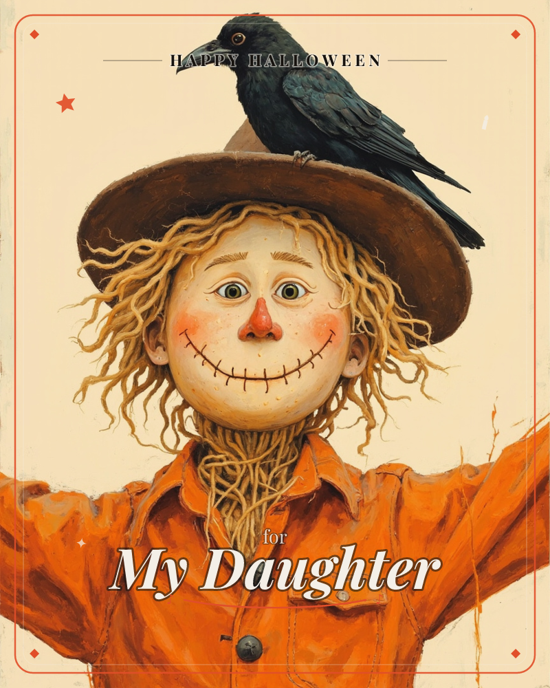 A grinning scarf-faced scarecrow with straw hair and rosy cheeks stands arms outstretched in an orange work shirt, a wide brown hat perched on its head…, a halloween e-card design