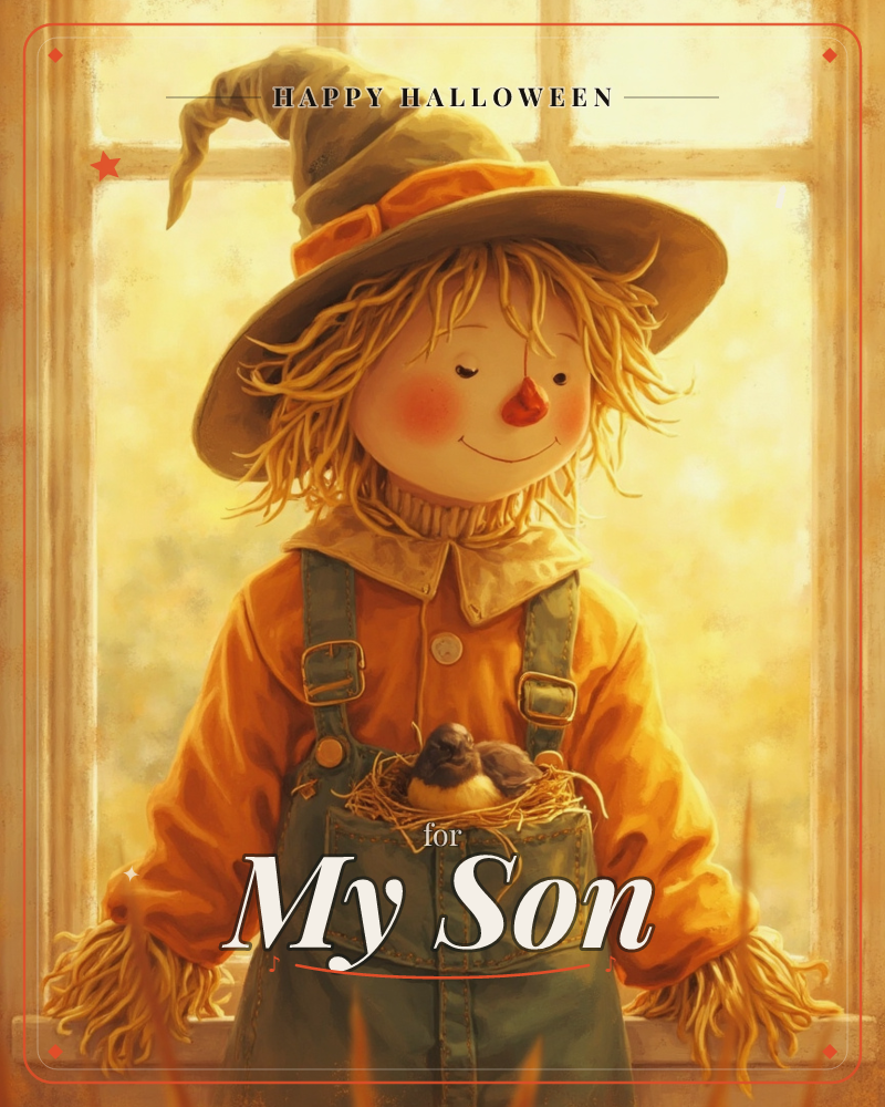 A cheerful scarecrow stands framed by a sunlit window, its floppy hat tipped rakishly and straw hair spilling out beneath, a halloween e-card design