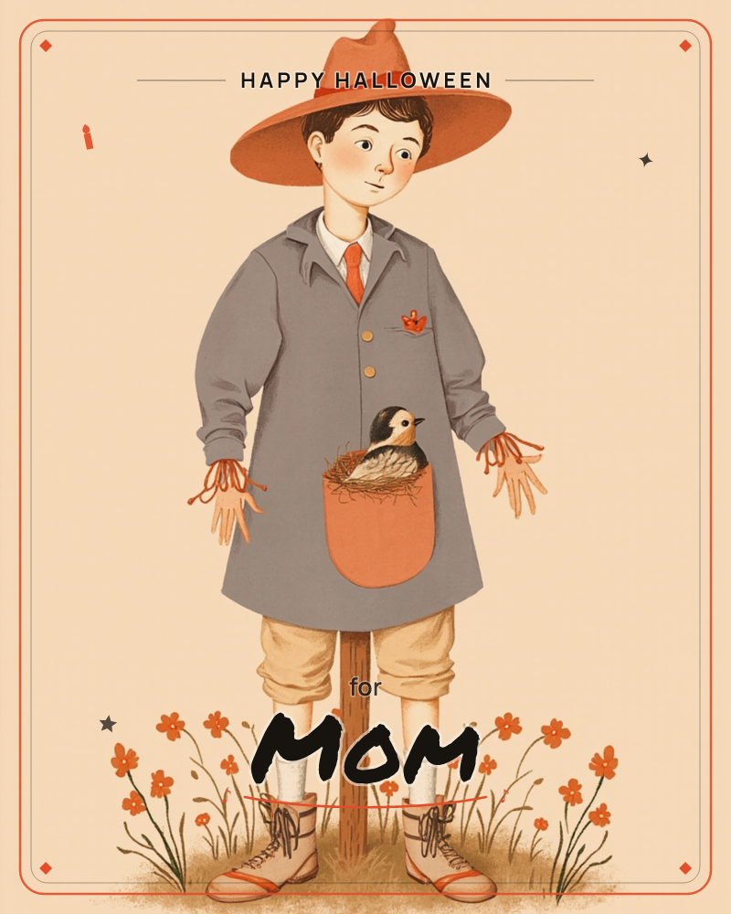 A boy dressed as a scarecrow stands stiffly on a wooden post, his gray coat and wide orange hat topped off with a red tie, while a small nesting bird…, a halloween e-card design