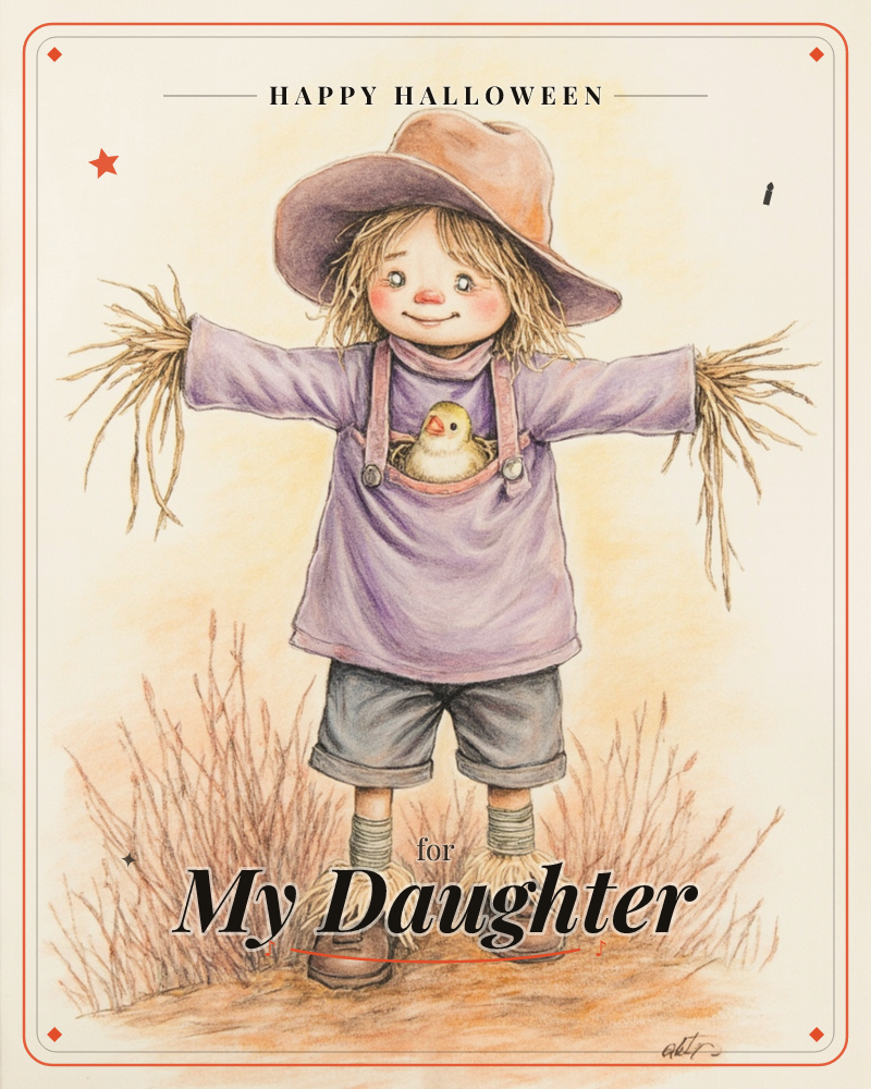 A cheerful child dressed as a scarecrow stands with arms outstretched in a dry autumn field, straw poking from the sleeves and cuffs of a purple outfit…, a halloween e-card design