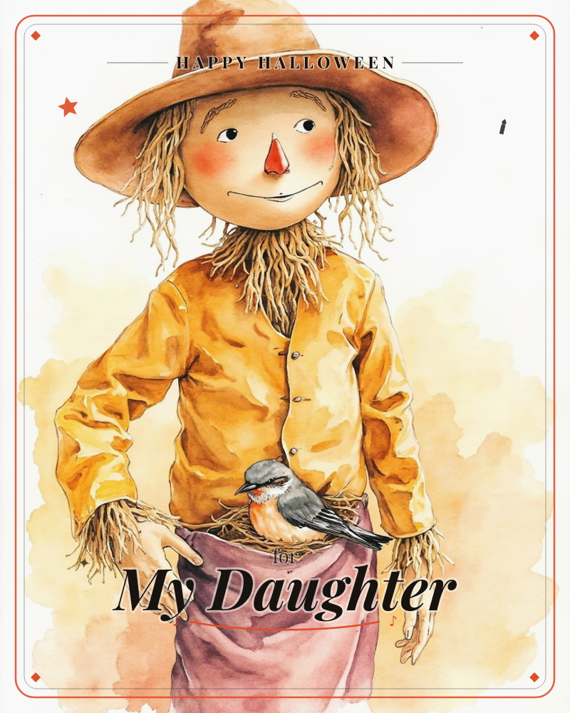 A friendly straw-stuffed scarecrow in a wide brown hat and mustard-yellow jacket smiles with a carrot nose and rosy cheeks, a small bird nesting…, a halloween e-card design