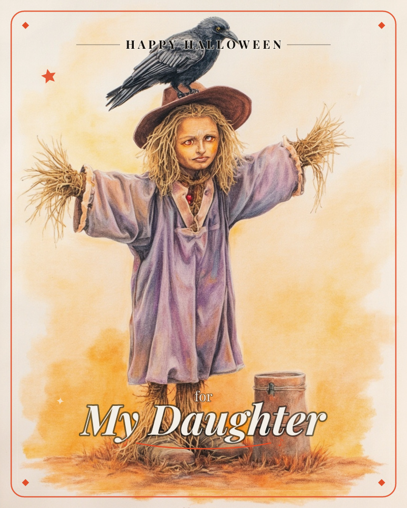 A straw-stuffed scarecrow stands with arms outstretched in a mauve tunic and worn boots, a wide-brimmed hat perched on its head with a dark crow…, a halloween e-card design