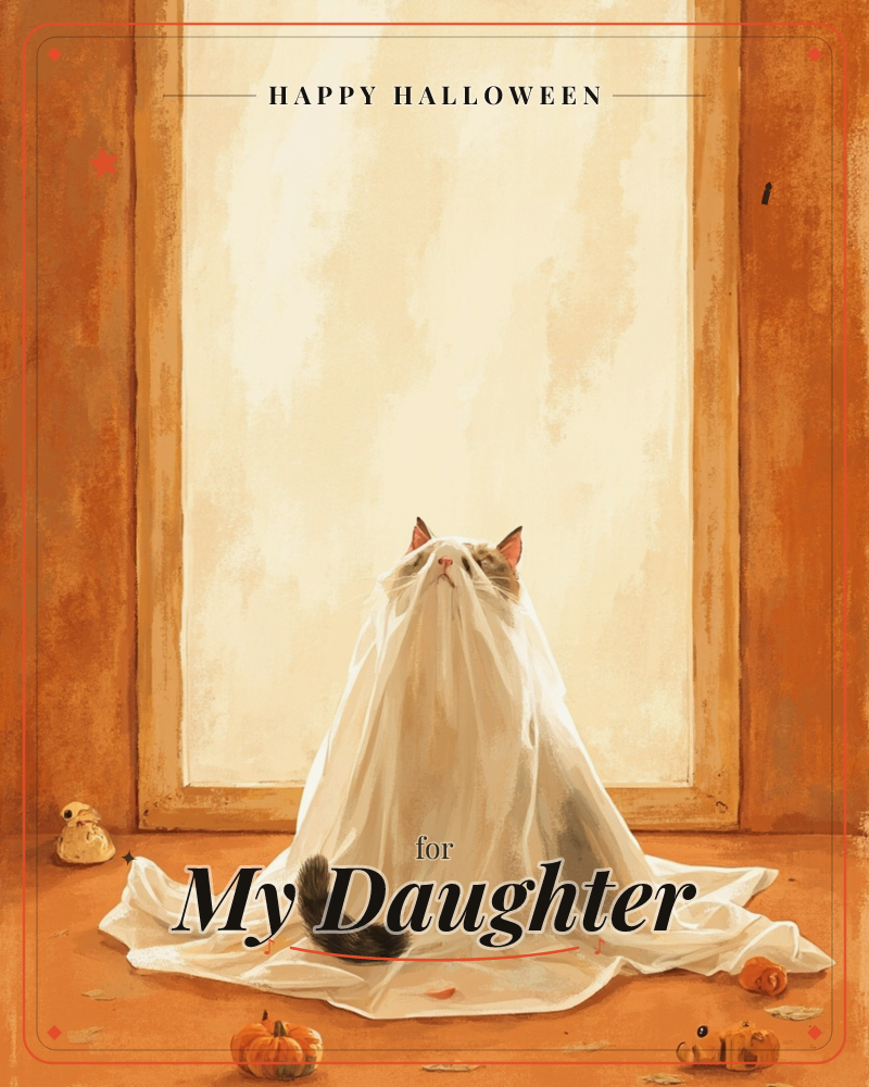 A fluffy cat sits draped in a white sheet like a makeshift ghost costume, its tail and ears poking out from underneath, a halloween e-card design