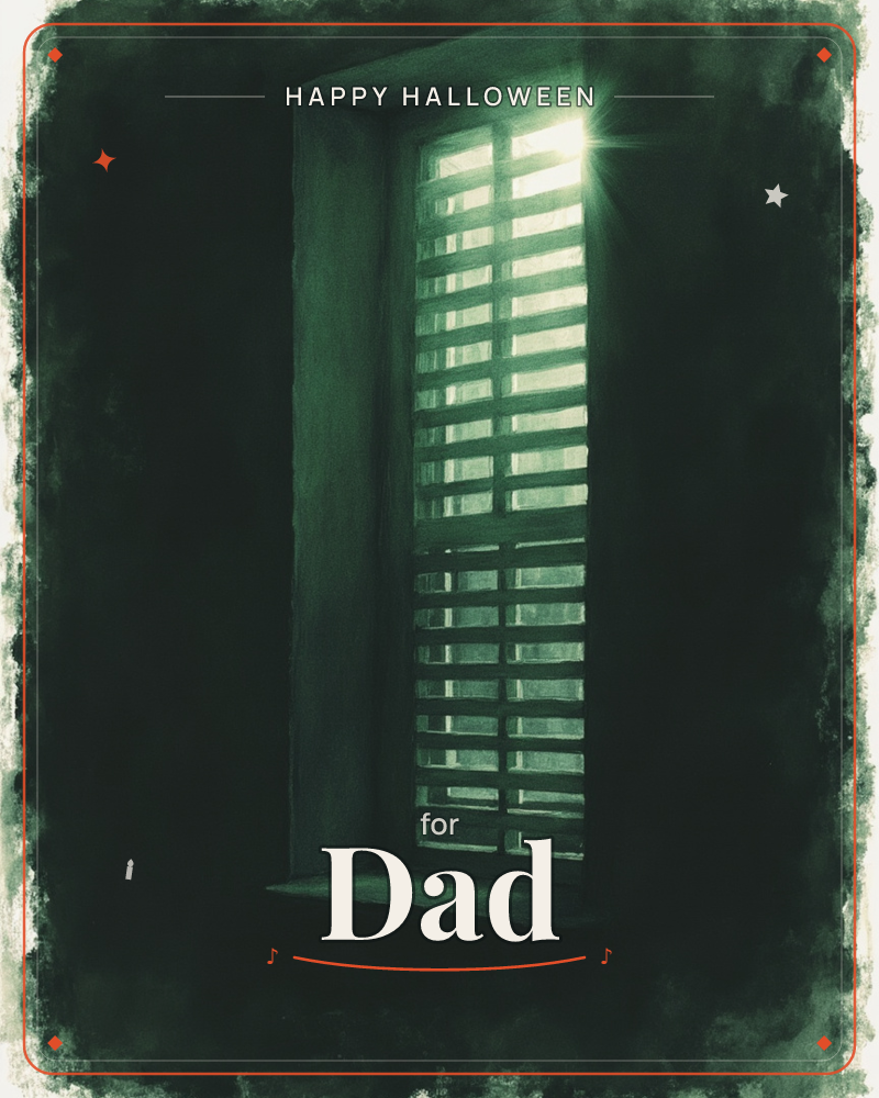 A tall shuttered window is set into a dark stone wall, its wooden slats glowing with a bright shaft of light breaking through the gaps, a halloween e-card design