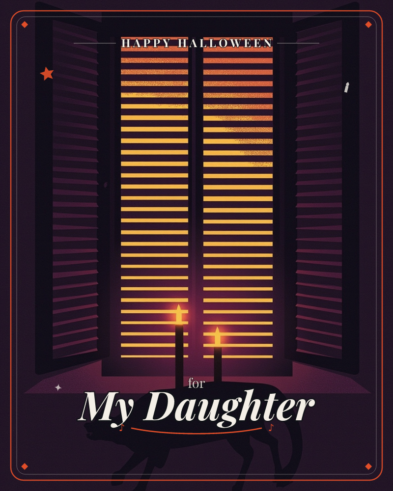 A shuttered window glows with warm orange light filtering through its slatted blinds, while two lit candles stand on the sill below, a halloween e-card design