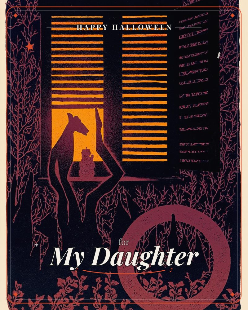 A slender cat sits silhouetted on a windowsill, framed by open shutters glowing amber against the dark night, a halloween e-card design