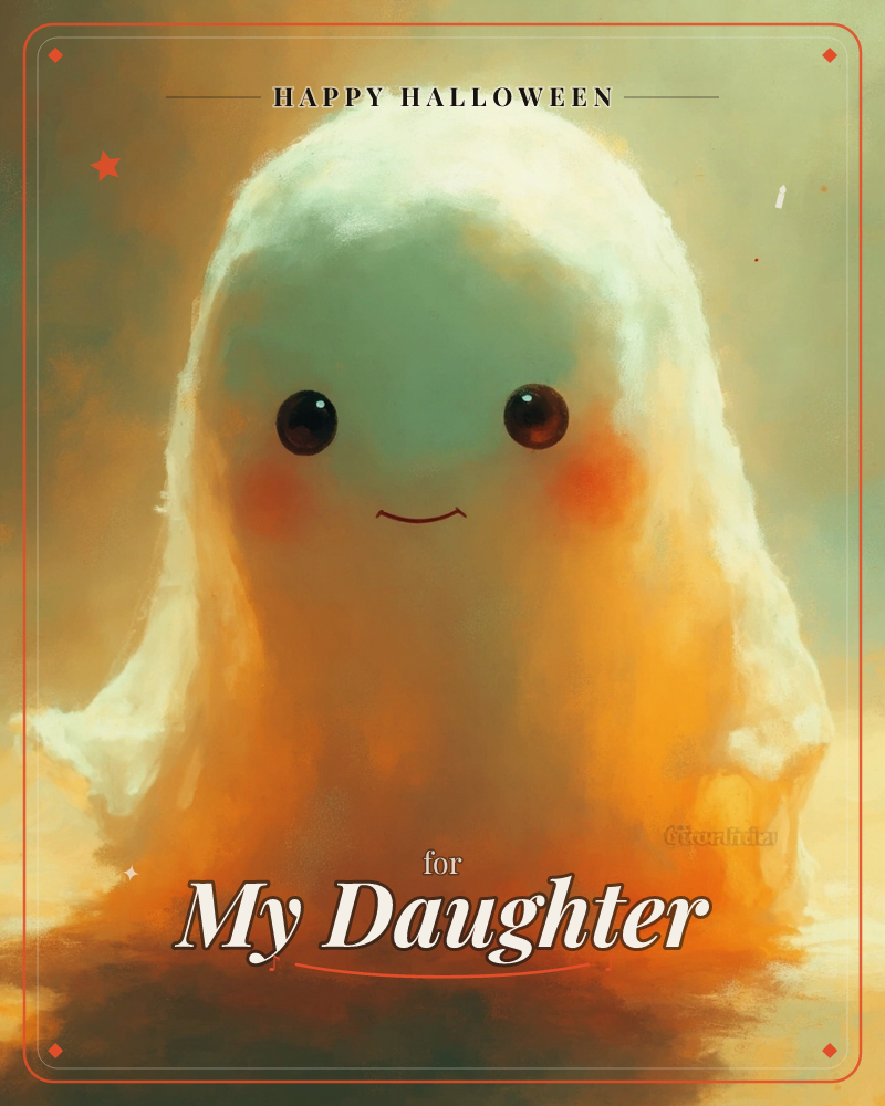 A small round-headed ghost glows softly against a hazy backdrop, its pale form fading into warm amber and orange tones near the base, a halloween e-card design