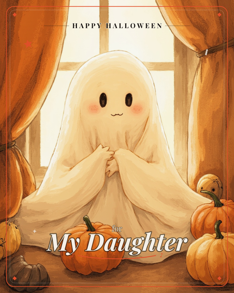 A small, rosy-cheeked ghost with a sheet draped over its head sits with hands clasped in front of a sunlit window, framed by heavy orange curtains, a halloween e-card design