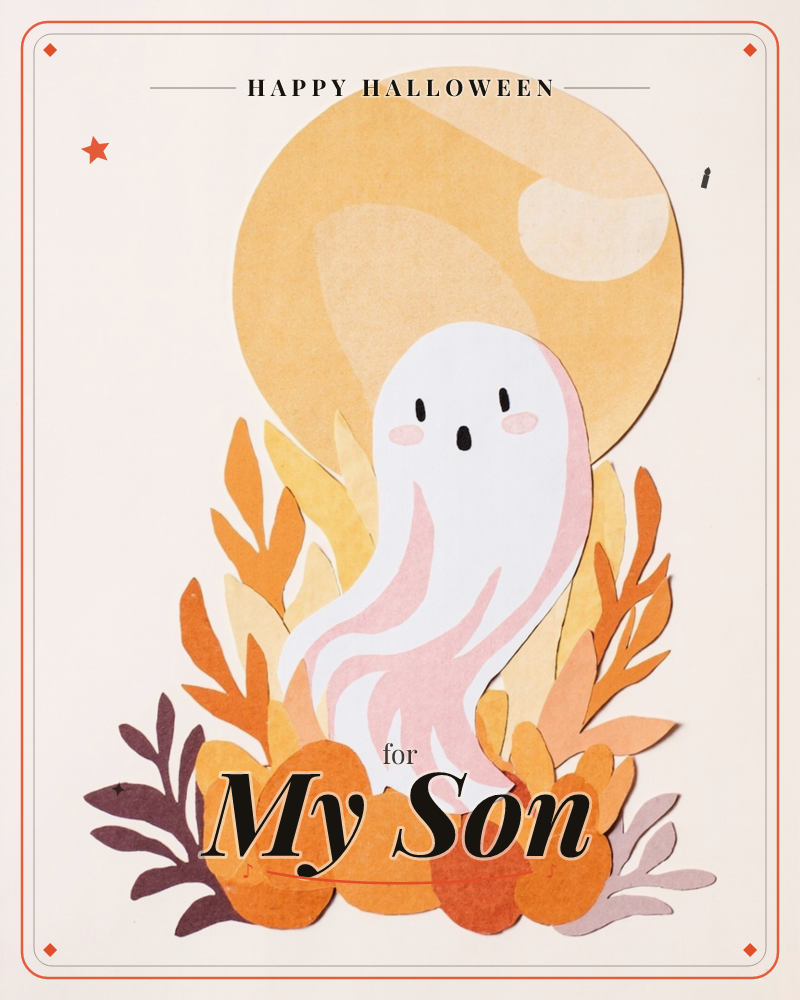 A cheerful, round-eyed ghost with rosy cheeks floats in front of a big golden moon, its wispy tail curling down into a cluster of pumpkins and autumn…, a halloween e-card design