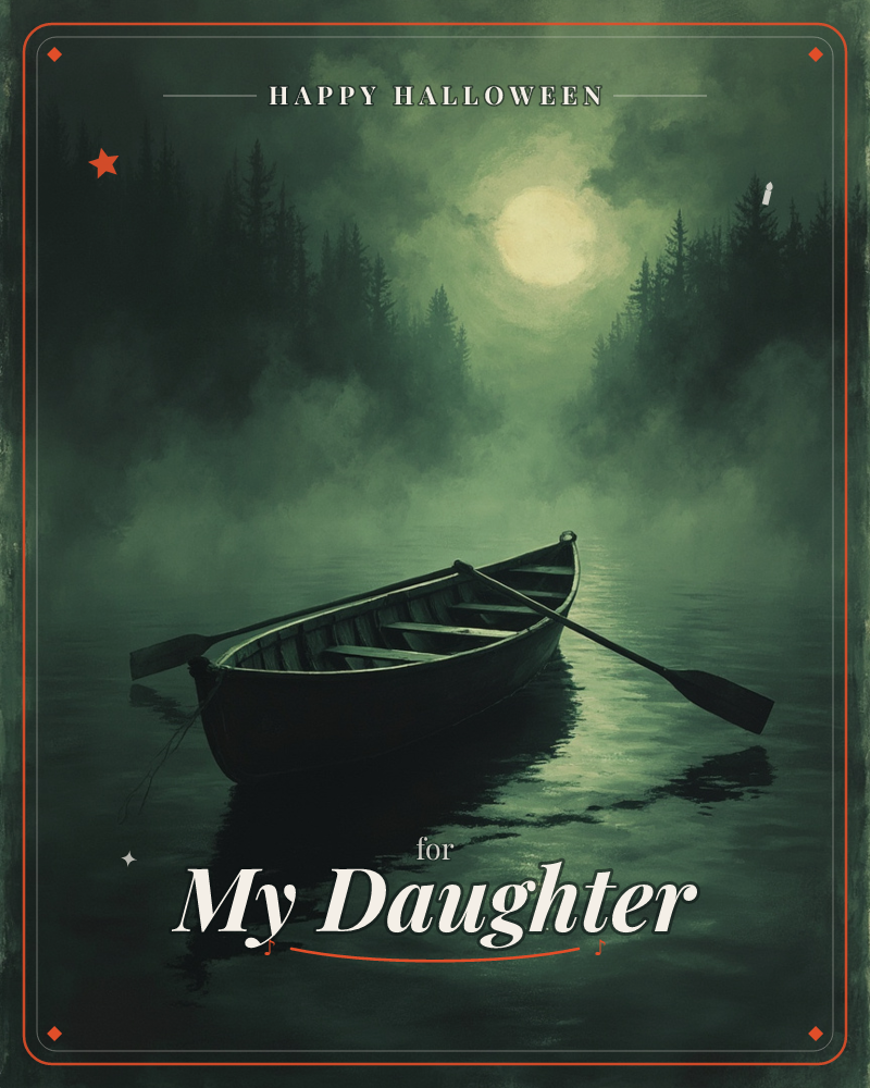 An empty rowboat drifts on still, misty water beneath a full moon glowing through dark clouds, a halloween e-card design