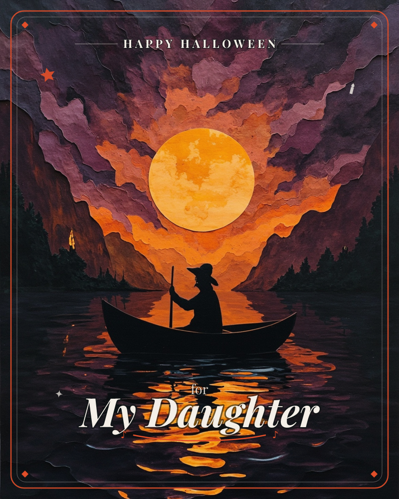 A lone figure in a wide-brimmed hat stands poling a small boat through still water, silhouetted against a huge glowing orange sun sinking between dark…, a halloween e-card design