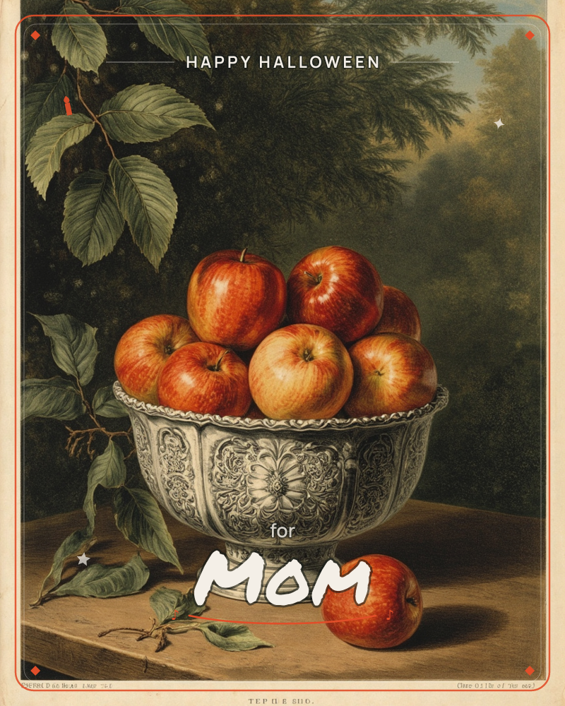 A richly embossed silver bowl overflows with glossy red and gold apples, set on a dark wooden table against a shadowy backdrop of foliage, a halloween e-card design