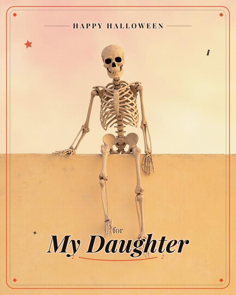 A full skeleton sits perched on the edge of a plain sandy-yellow wall, legs dangling and hands braced on either side of its hips, set against a soft…, a halloween e-card design