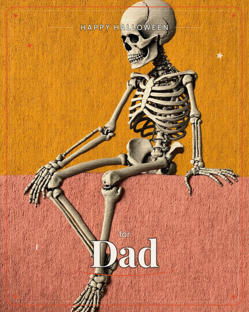 A human skeleton lounges casually on the edge of a ledge, one leg bent up and the other dangling loose, propped on bony hands as if just chilling, a halloween e-card design