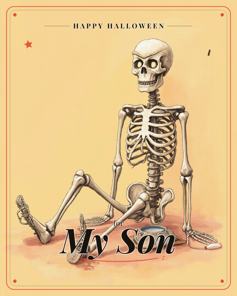 A skeleton sits slumped on the ground against a plain mustard-yellow backdrop, one sneaker-clad foot flopped over the other, eye sockets glowing faintly, a halloween e-card design