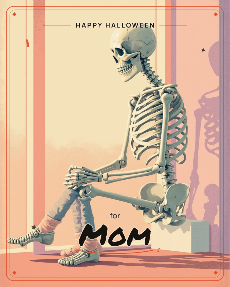 A lone skeleton sits slumped on a plain block, elbows on knees and head tipped forward in a pose of exhaustion or waiting, a halloween e-card design