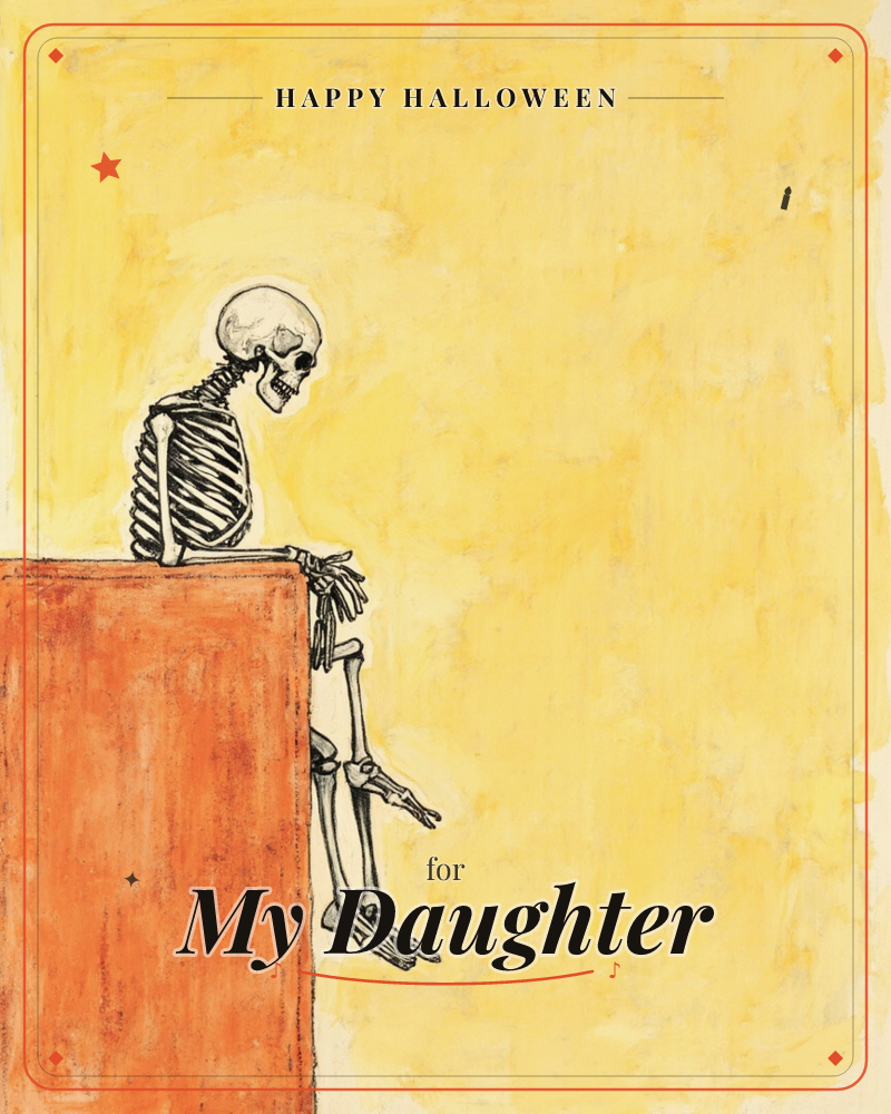 A lone skeleton sits perched on the edge of a rust-orange ledge, legs dangling, staring off into a wash of warm yellow, a halloween e-card design