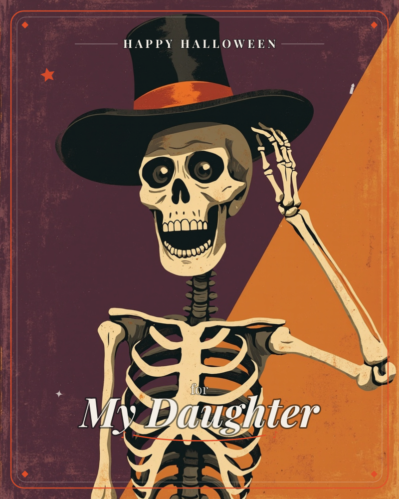 A grinning skeleton in a black top hat with a red band tips its brim in a jaunty salute, set against a bold diagonal split of deep plum and burnt orange, a halloween e-card design