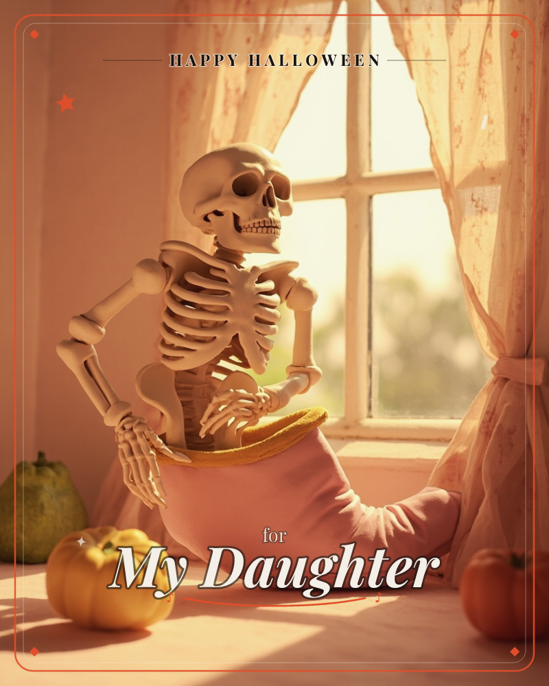 A small skeleton figure sits perched inside a soft pink slipper on a sunlit windowsill, framed by sheer lace curtains and warm afternoon light, a halloween e-card design