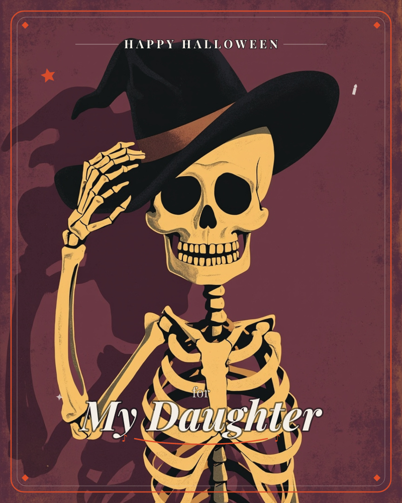 A grinning skeleton tips a wide-brimmed witch's hat with one bony hand, its shadow looming large across a deep maroon wall behind it, a halloween e-card design