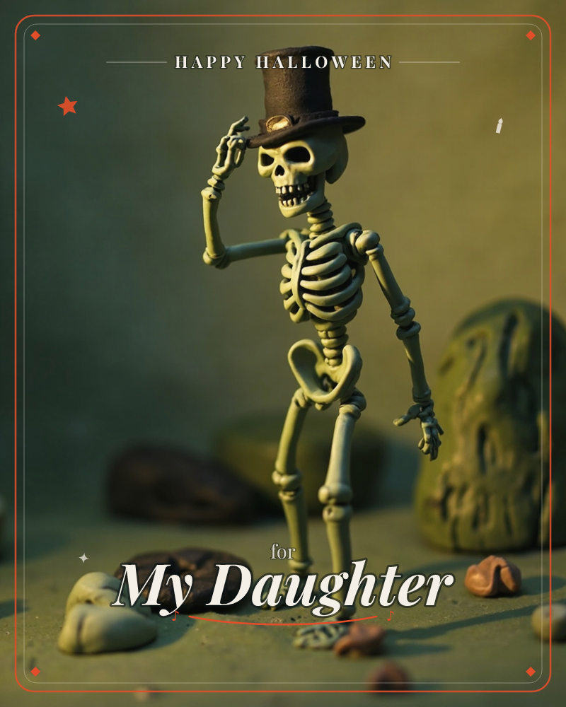 A cheerful little skeleton in a battered black top hat tips its brim in a polite greeting, standing among smooth pebbles and a weathered gravestone, a halloween e-card design