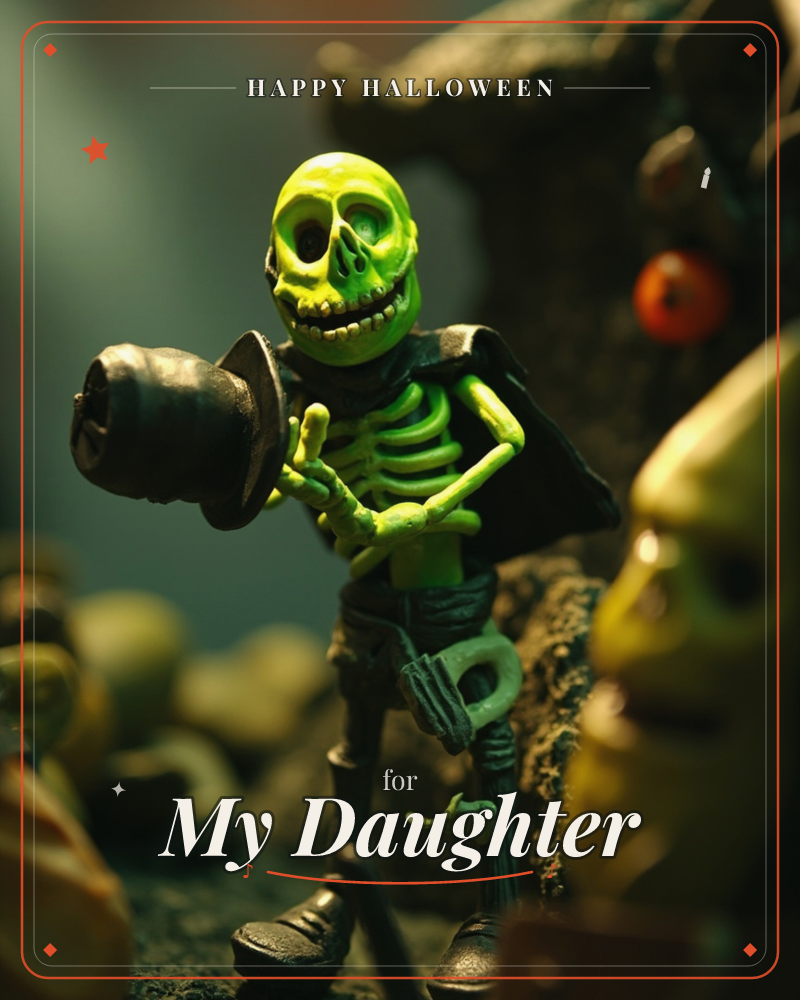A glowing green skeleton figure in a dark cape stands mid-bow, tipping a battered black top hat toward the viewer, a halloween e-card design