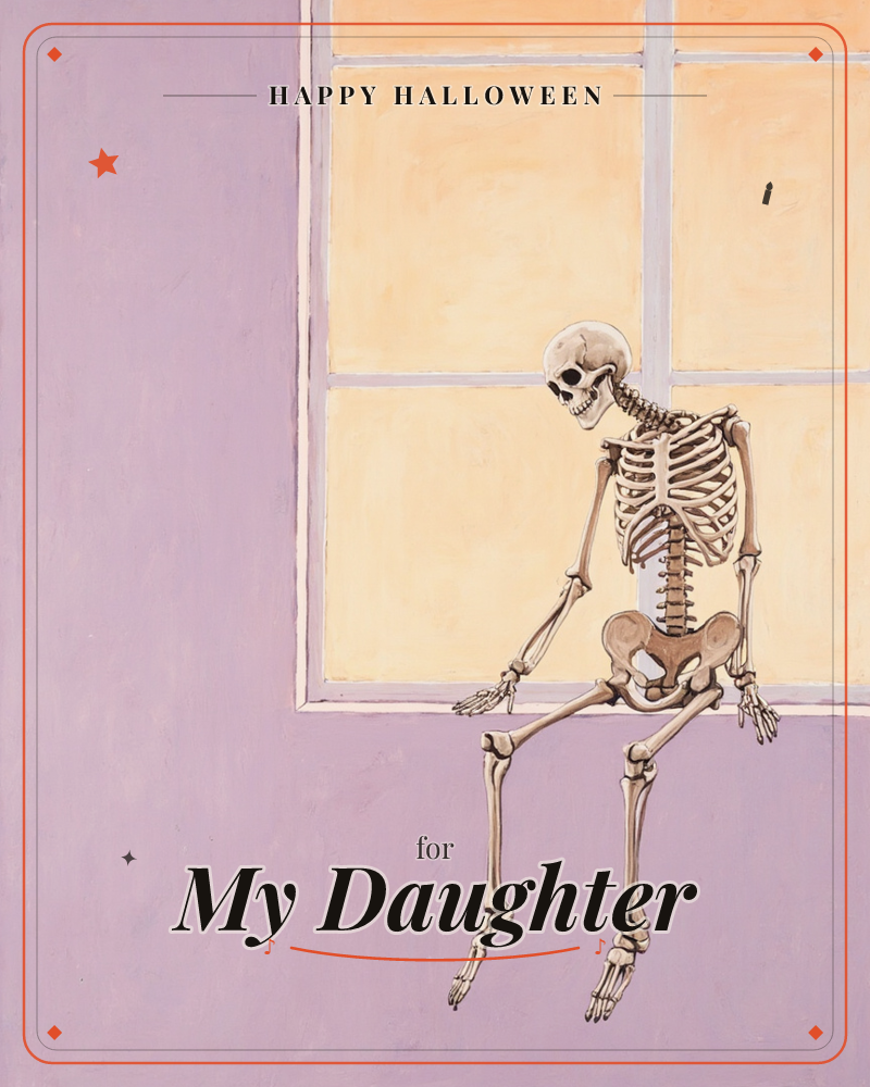 A skeleton sits slouched on a windowsill against a lavender wall, legs dangling, head tilted downward in quiet contemplation, a halloween e-card design