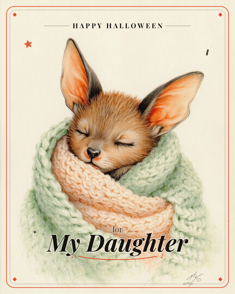 A big-eared fennec fox kit is drawn nestled snugly in a chunky knitted wrap, its eyes closed in peaceful sleep, a halloween e-card design