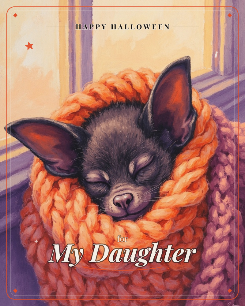 A small dark chihuahua sleeps with eyes closed, its big ears standing up, wrapped snugly in a thick chunky-knit orange scarf by a purple-toned window, a halloween e-card design