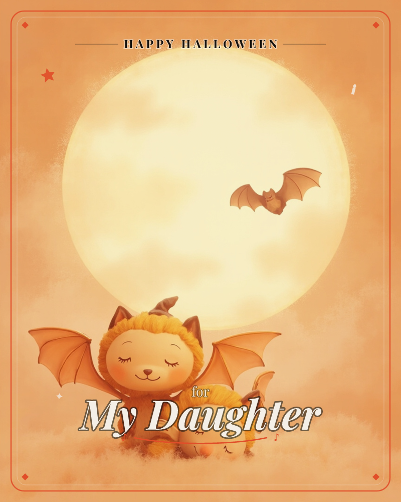 A pair of golden, fluffy creatures with cat-like faces and bat wings sit curled together against a huge glowing moon, eyes closed in peaceful sleep, a halloween e-card design