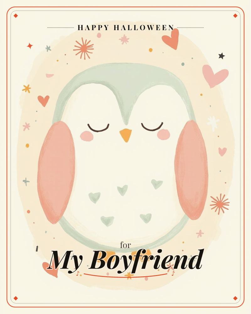 A sleepy sage-green owl sits with eyes closed and blushing cheeks, wings folded softly in front of its body, a halloween e-card design