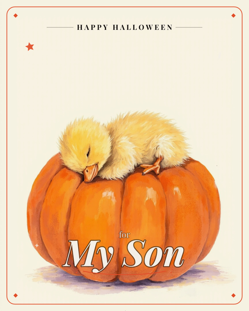 A fluffy yellow duckling curls up fast asleep on top of a large ridged orange pumpkin, its beak resting against the pumpkin's curve, a halloween e-card design
