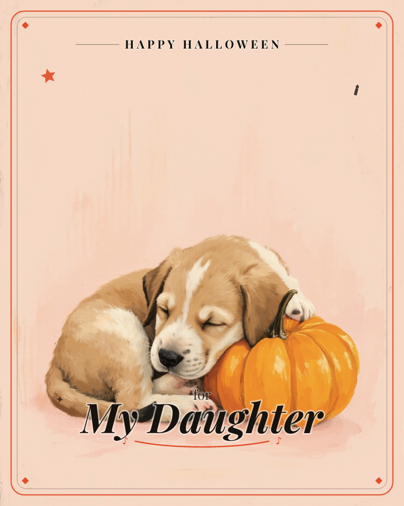 A tan and white puppy curls up fast asleep, its head resting against a small round pumpkin, a halloween e-card design